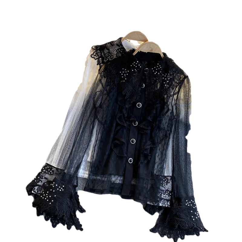 

2021 Spring Fashion Women's Lce Blouse Female Turn-down Collar Slim Fit Blusa dLARE Sleeve Mesh Shirt