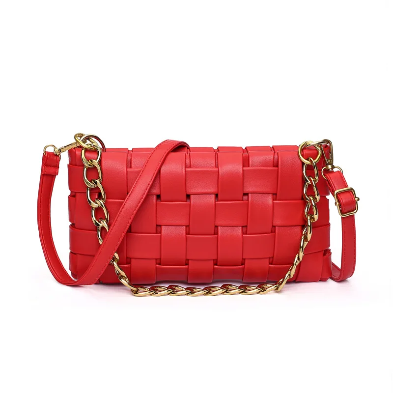 

Women Leather Woven Design Shoulder Bag Metal Chain Handbag and Purse Women Weave Mini Crossbody Bag Female Bolso Sac