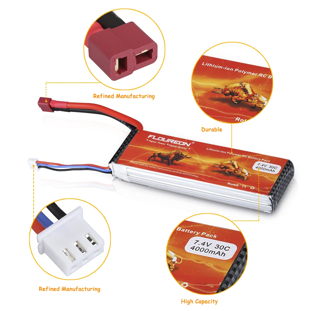 Floureon RC игрушка Батарея 2s1p 30C батарея 7 4 в 4000 мАч разъем типа deans LiPo для eader BX