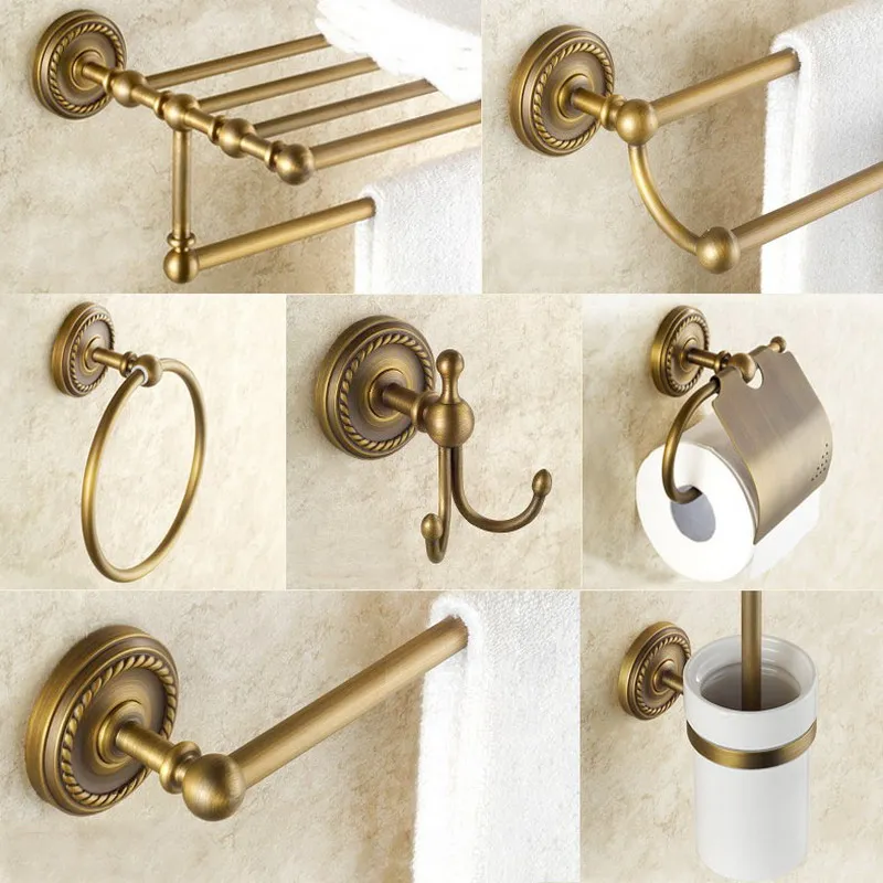 

Bathroom Hardware Set Antique Brass Robe Hook Towel Rail Rack Bar Shelf Paper Holder Toothbrush Holder Bathroom Accessories