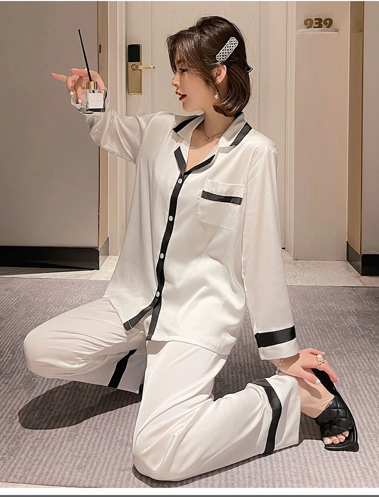 

Sexy Pajamas Suit Ice Silk Satin 2PCS Shirts&Trouser Suits Lapel Sleep Set Loungewear PJS With Buttons Women Pyjama Pour Femme