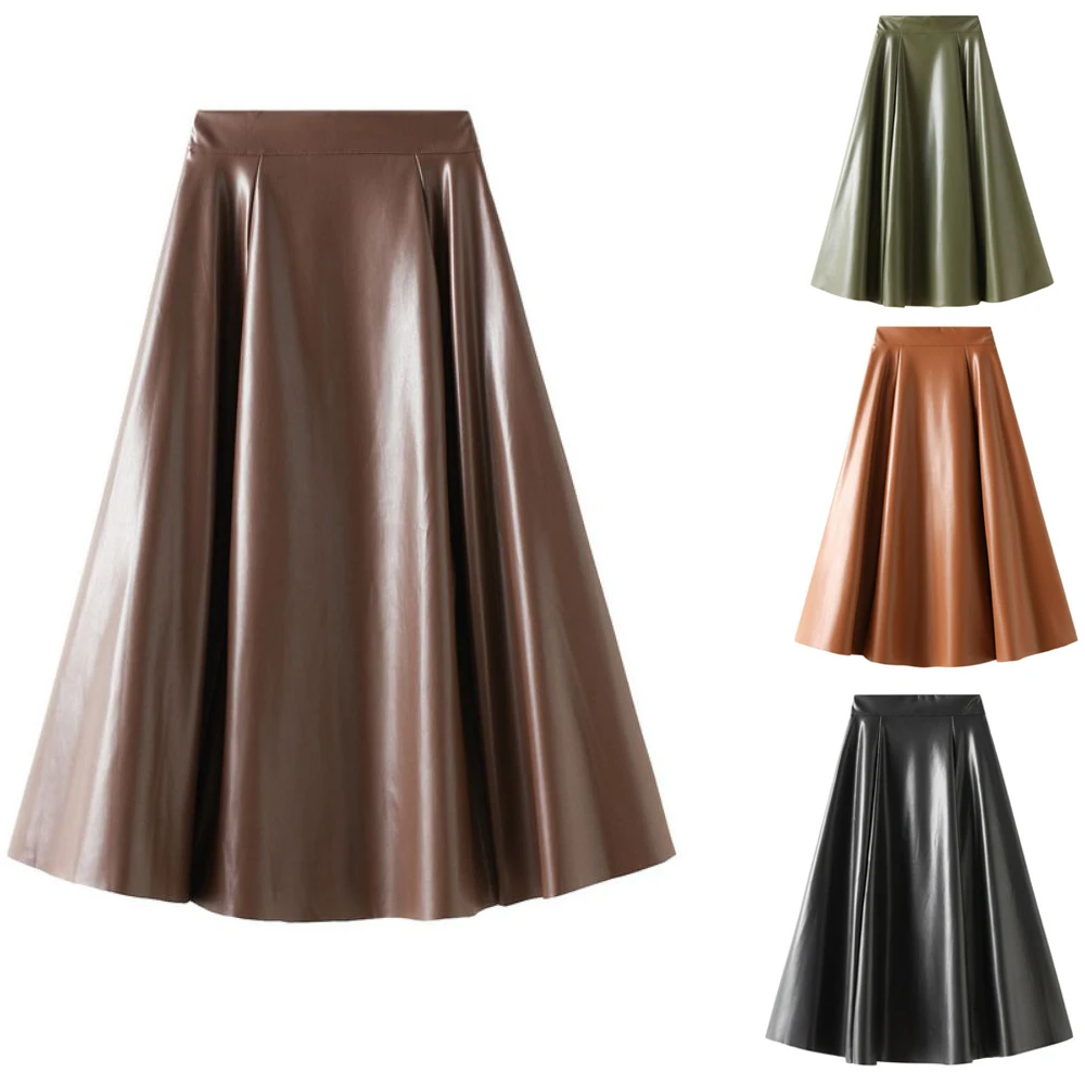 

Classic Retro PU Leather Elegant Midi Skirt Women big hem High Waist Office Ladies Autumn Winter Skirt Mid Long A-line Casual