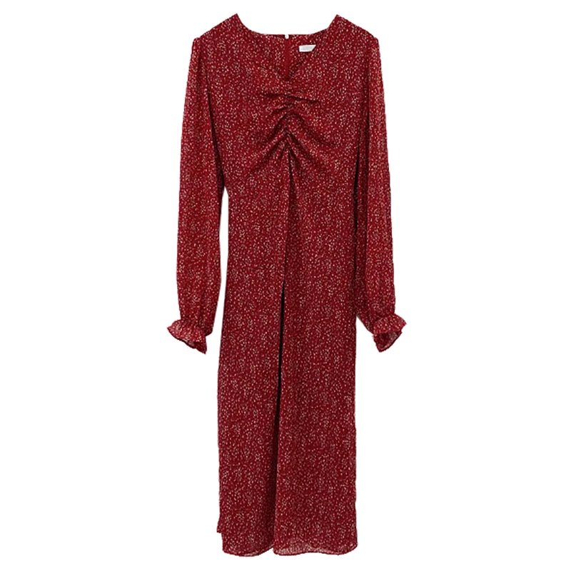 

2020 Spring and Autumn New Retro Hong Kong Style Korean Style Floral Dress Mid-Length Waist Slimming Elegant Women's Long Sleeve