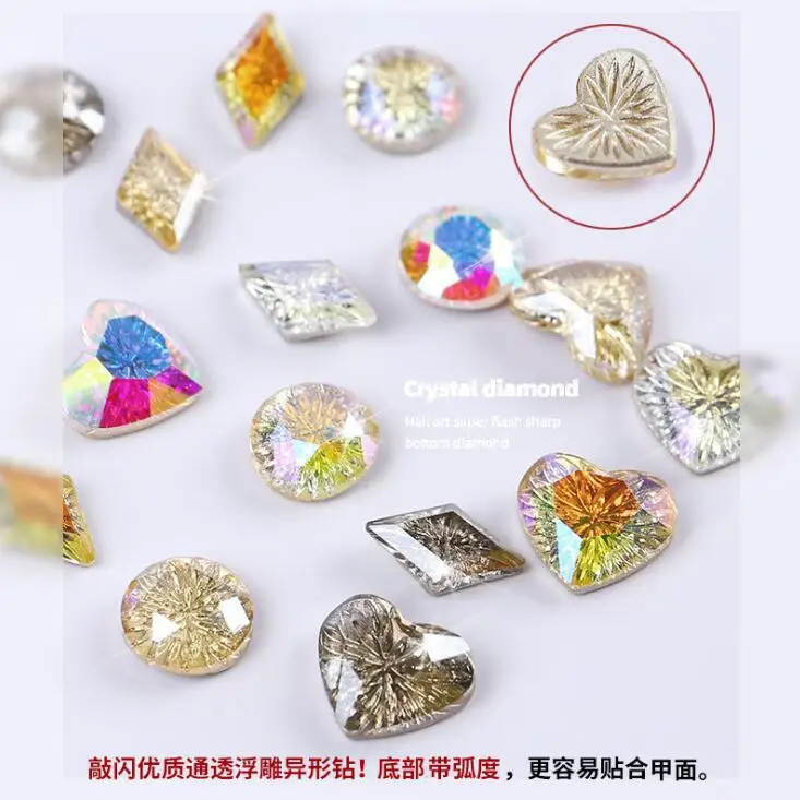 

100Pc Nail Flash Crystal Charms Relief Fancy Stone Rhombus/Heart/Round Glass Rhinestones Colorful Strass Jewelry Gems Nail Charm