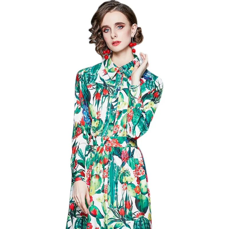 

2021 Spring New Fashion Women Ruffle Flared Ruched Midi Printing Peter Pan Collar Long Sleeve Dress Vestidos