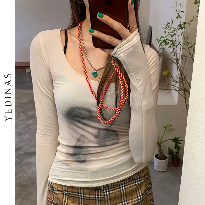 Yedinas Korean Style Mesh Top Women Tie Dye Printed See Through T Shirt Sexy Slim Translucent Sheer Tops Grunge Tshirts Japanese