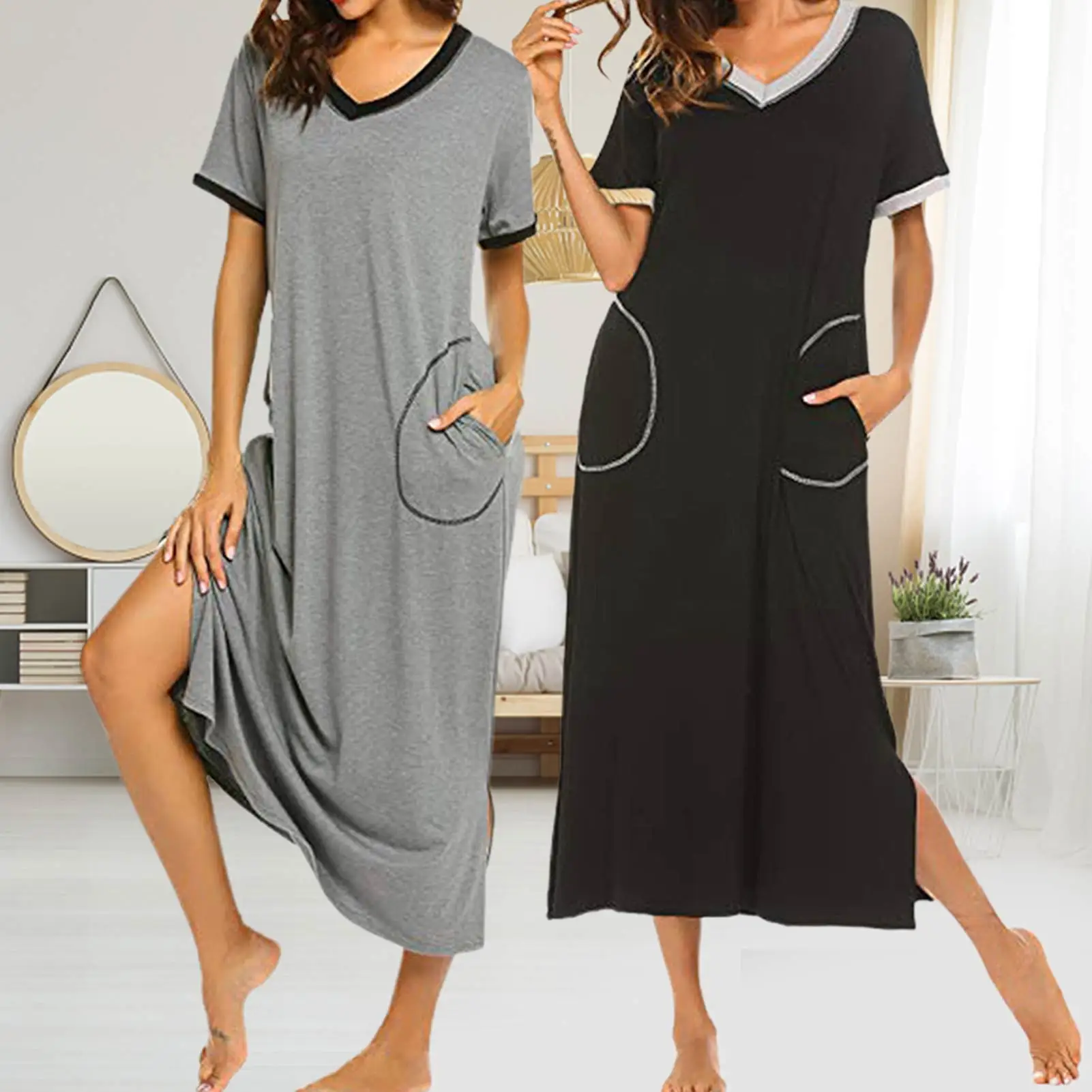 

bed dress Spring summer stitching hem slit dress with pocket deep V-neck short-sleeved solid color Bed skirt household products