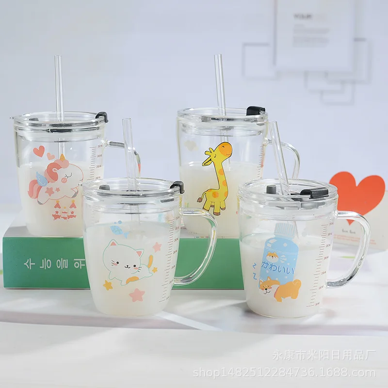 350 мл Новый мультфильм соломенная чашка симпатичная ручка Стекло стакана воды в