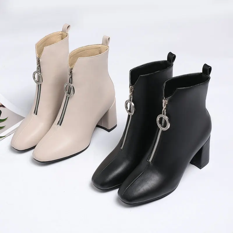 Женские ботильоны на высоком квадратном каблуке Модные осенние ботинки с