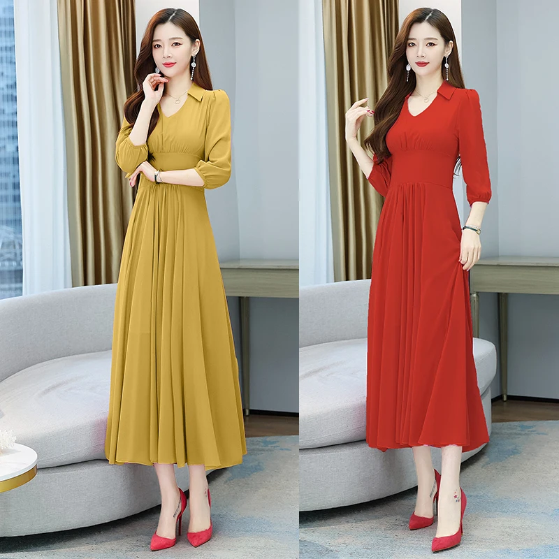 

Платье женское шифоновое однотонное с длинным рукавом, V-образным вырезом и молнией