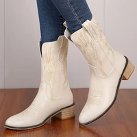 womens winter boots fashion leather embroidered western warm short boots round head party office boots mujer 35 41