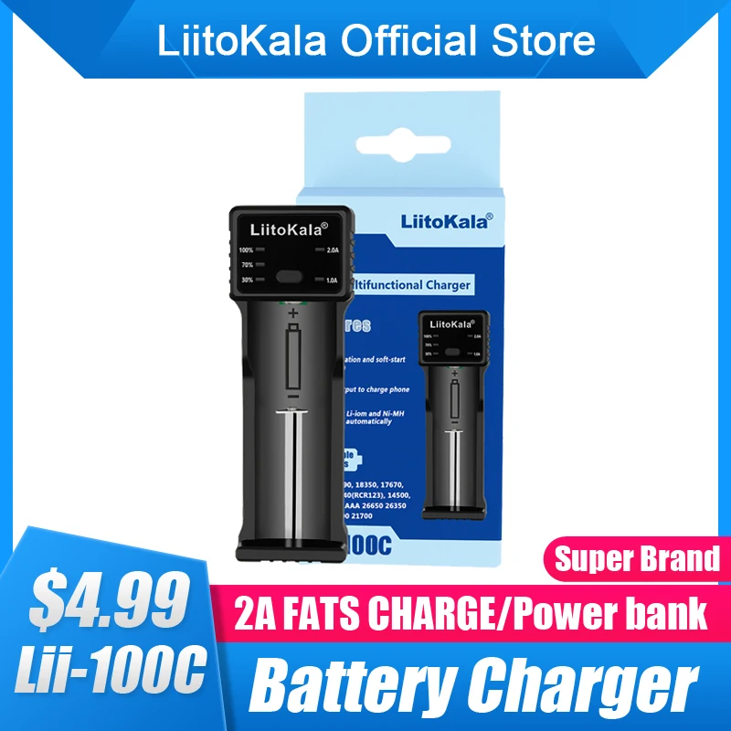 

LiitoKala Lii-100C 21700 Battery Charger For 18650 18350 26650 16340 RCR123 14500 3.7V 1.2V Ni-MH Ni-Cd 2A USB smart charger