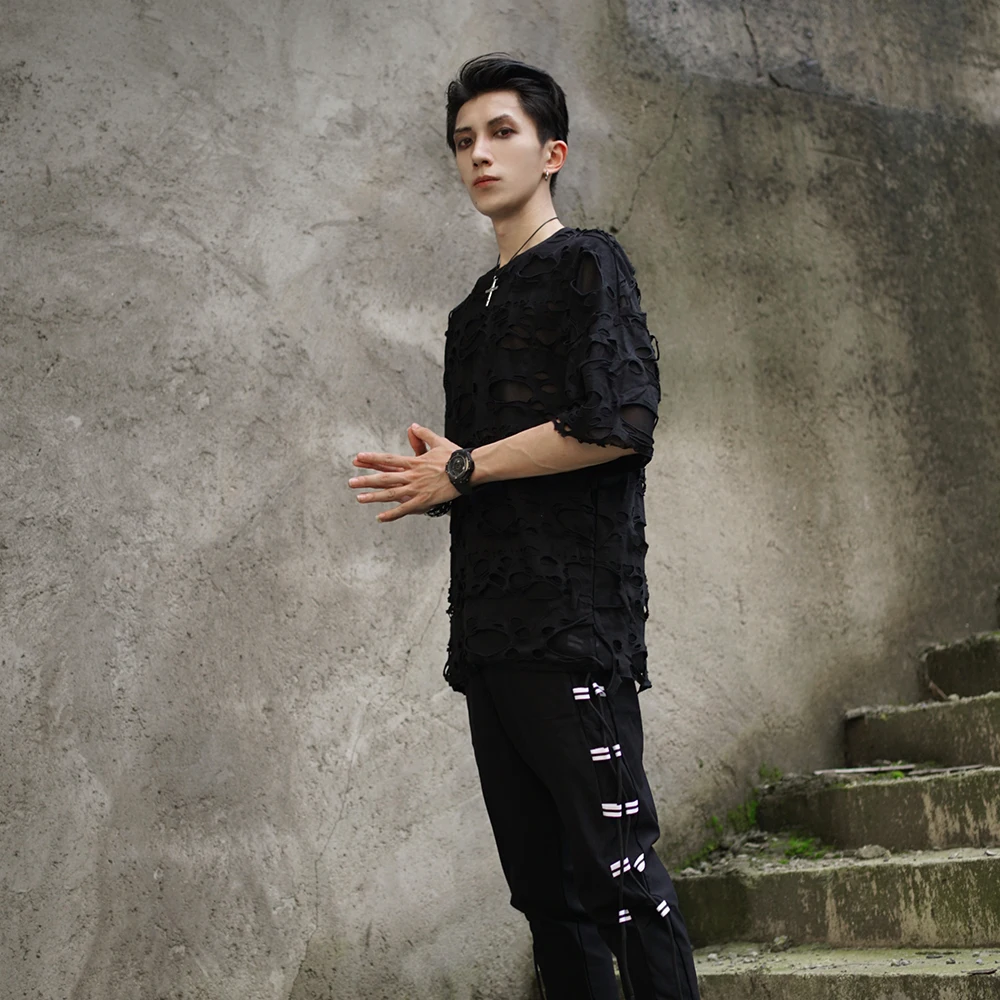 

2020 New Punk Men's Japanese Dark Hollow Hole Bat Sleeve T-shirt Men's Loose Lazy T-shirt Rock Top