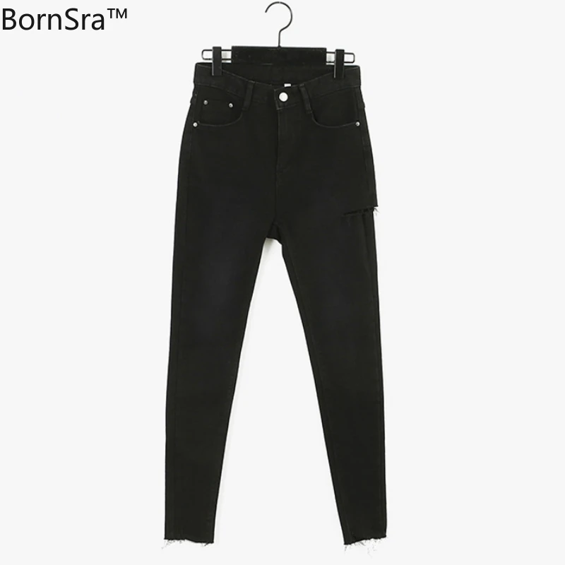 

BornSra2020 Women Skinny Pants Black Jeans Sexy High Waist Tassel Ripped Holes Denim Pants Female Trousers Pencil Jeans