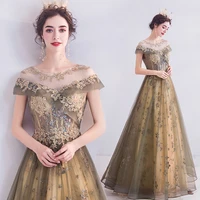 charming golden boat neck appliques evening dress candy color sequin bridal prom gown floral embroidery beads robe de soriee