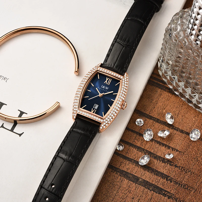 Gold Blue Women Watches Luxury Brand I&W Fashion Tonneau Dress Watch Sapphire Calendar Switzerland Made Diamond Watch for Women
