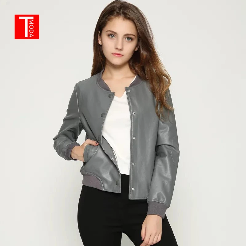 Женская короткая куртка бомбер TMODA291 из искусственной кожи повседневная серая