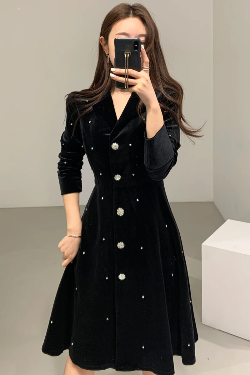 

ZCSMLL Korean Chic Temperament Light Cooked Style Lapel Single-breasted High Waist Mid-length Velvet Dress