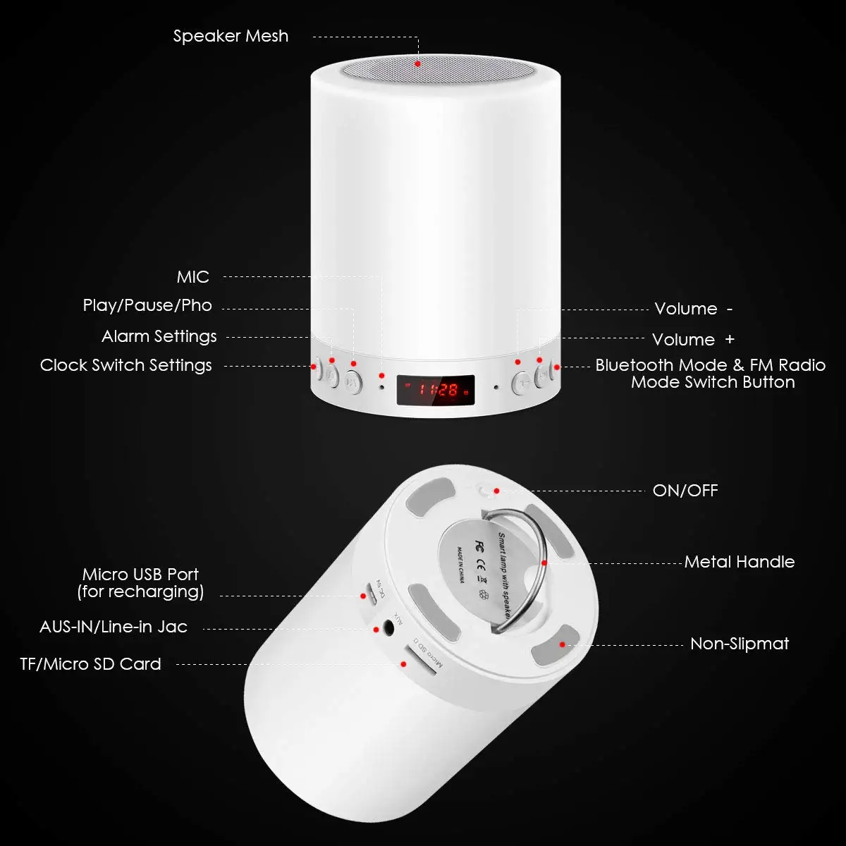 Портативная прикроватная лампа 5 в 1 настольная с Bluetooth динамиком музыкой USB FM