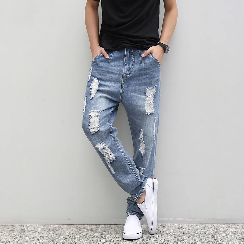 

Spring Autumn Hole Men's Denim Harem Pants Plus Size Elastic Waist Male Jeans Loose Casual Fashion Trend Fat Trousers MK0136
