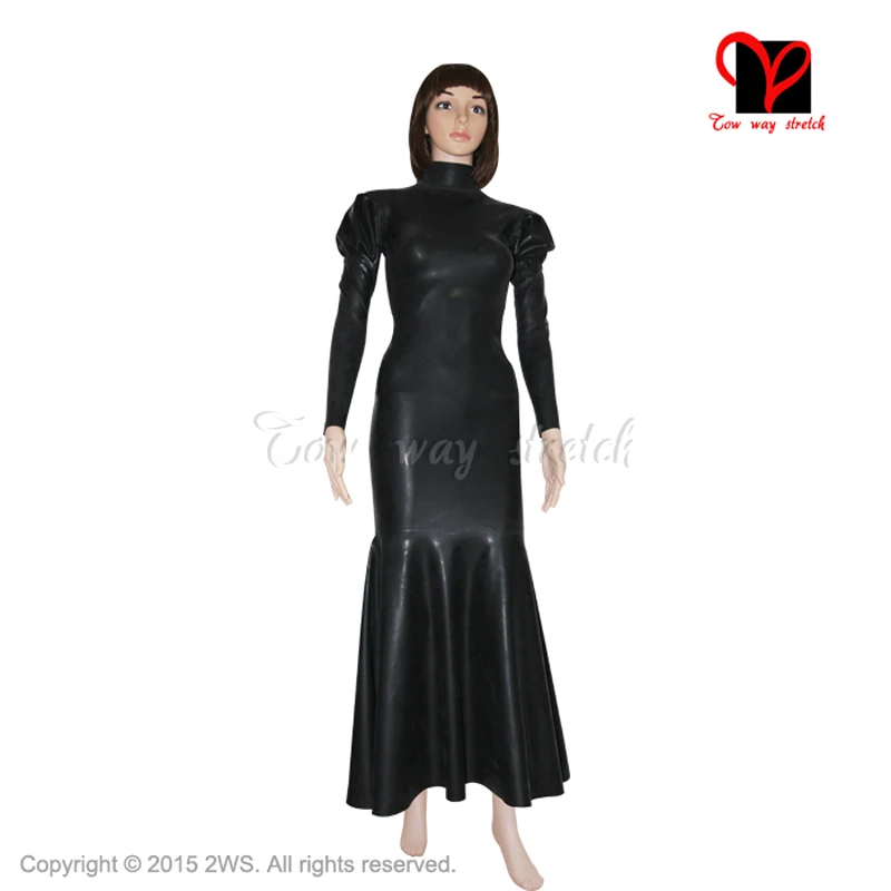 Сексуальное черное длинное латексное платье резиновое рыбий хвост рукава оборки