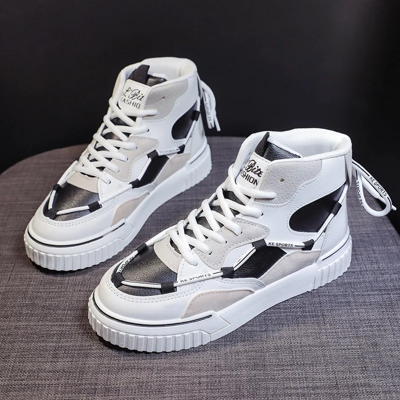 

High Top Casual Shoes Women Platform Sneakers 2021 New Spring Female White Shoes Sneakers Ankle Shoe Pu Leather Lace Up