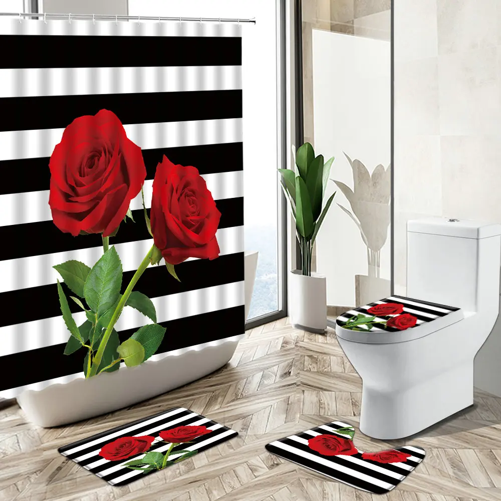 Online Red Rose Fiore In Fiore Tenda Per Doccia Papavero Strisce Bianche Nere Arte Creativa Antiscivolo Piedistallo Tappeto Copriwater Set Da Bagno