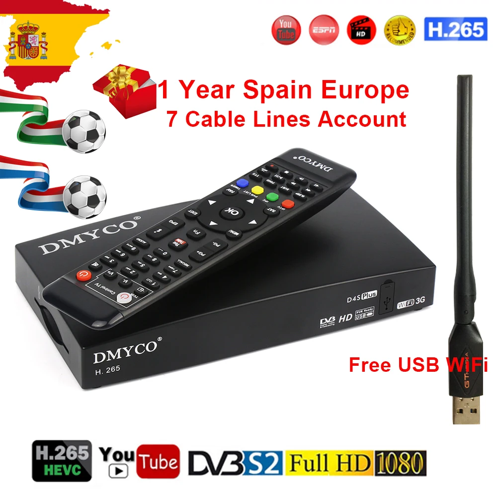 DMYCO DVB-S2 цифровой спутниковый ресивер HD 1080P с USB WiFi 1 год Испания Европа D4S плюс LNB ТВ Декодер для тюнера поддержка Youtube