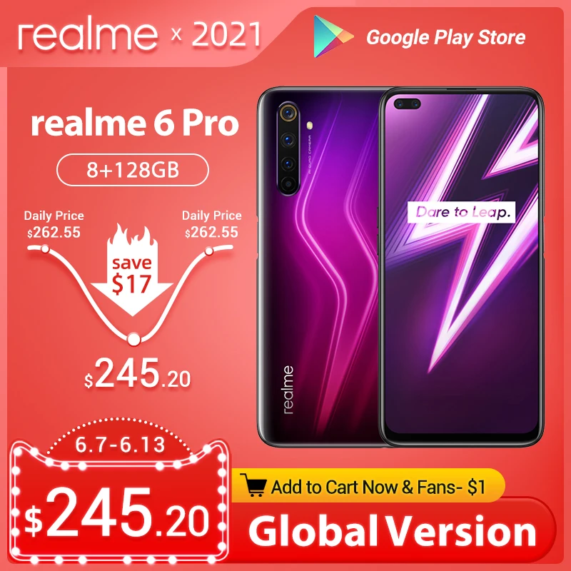 Realme 6 Pro 6pro глобальная Версия 8 Гб Оперативная память 128 Встроенная Мобильный