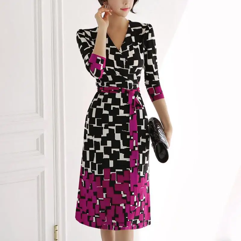 Осень 2019 корейское стильное облегающее платье с v-образным вырезом женские