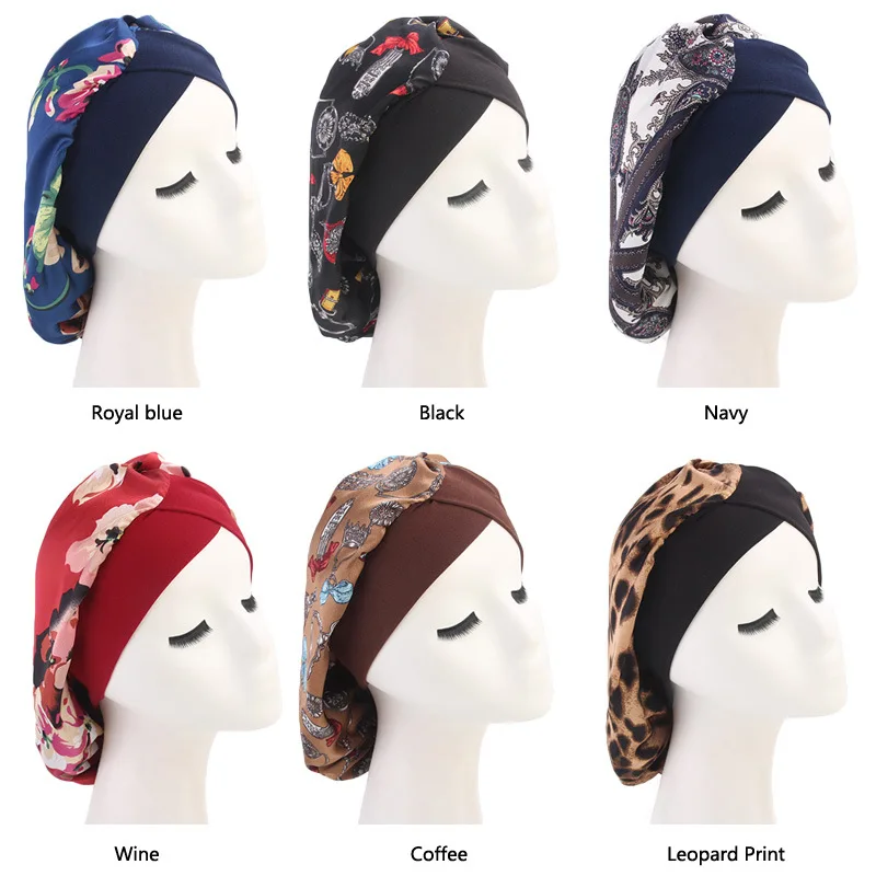 

Women Sleep Cap Soft Silk Satin Night Sleep Cap Hair Bonnet Hat Silk Comfortable Head Cover Wide Elastic Band Hair Loss Cap