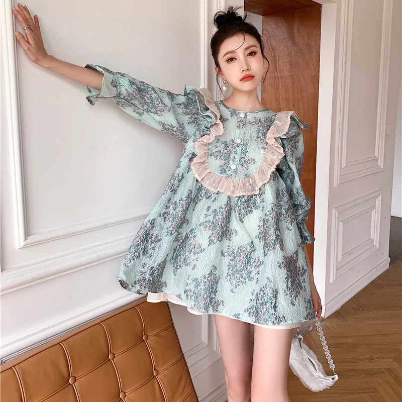 

Kimotimo High Quality Jacquard Dress Women 2021 Korean O-neck Fungus Button Flare Long Sleeve Mini Dresses Summer Sweet Designer