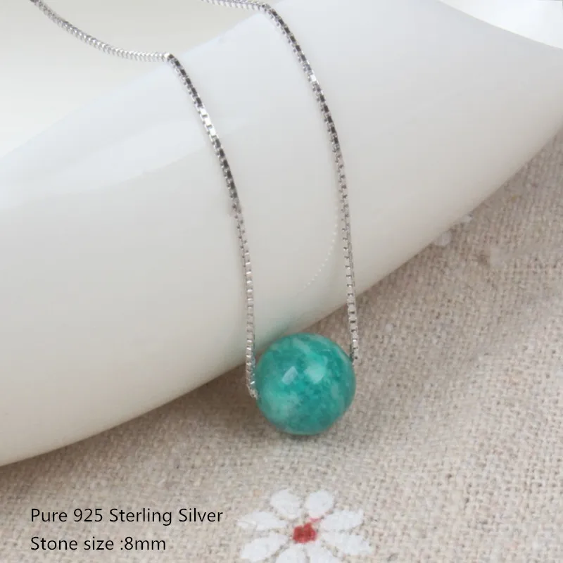 

925 Sterling Silver Female Simple Necklace Chain 8mm Natural Amazonite Bead Jewelry Pendant Necklace for Women Girl