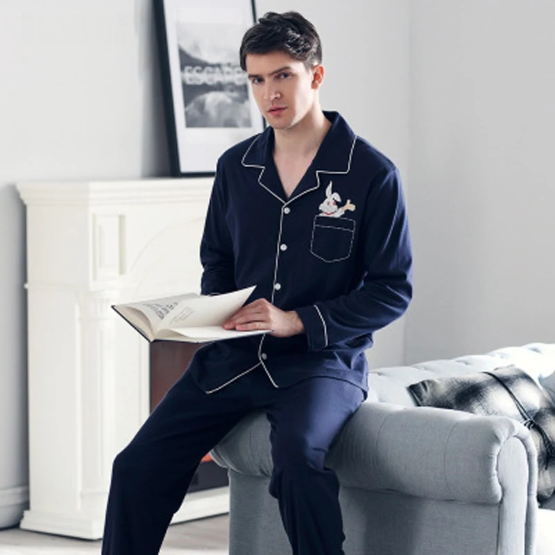 Men's Good Quality Homewear Clothes Long Sleeve Breathable Cotton Loose Sleepwear Night Suit Men Pajamas Set