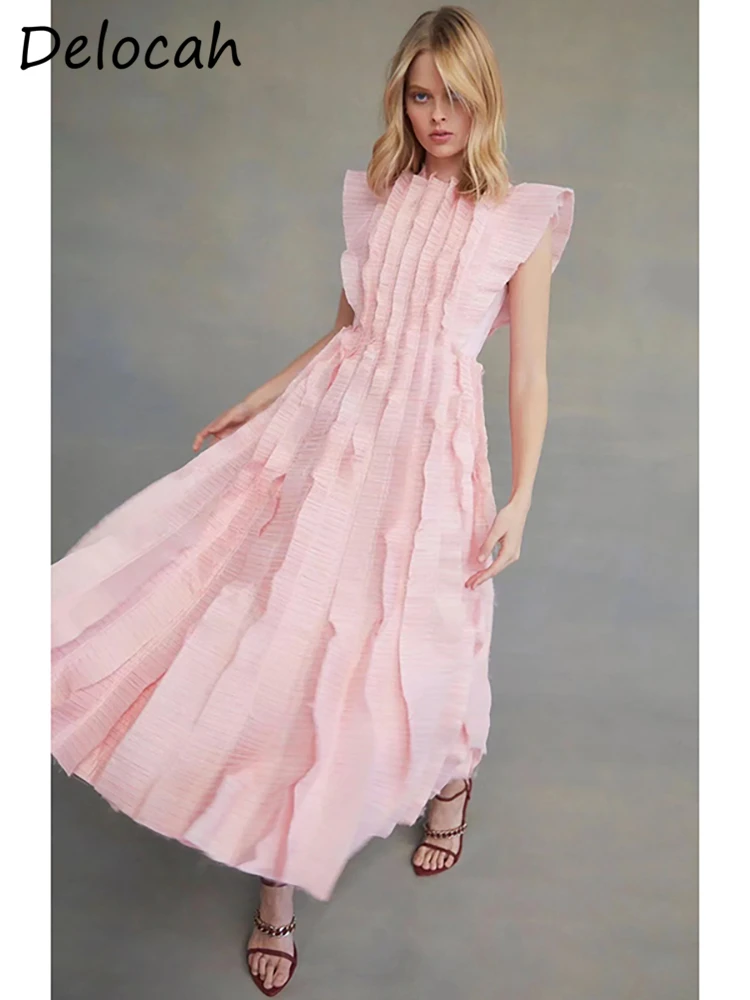 

Delocah High Quality Summer Women Fashion Designer Party Long Dress Short Sleeve Ruffles Pink Solid Color Elegant Casual Dresses