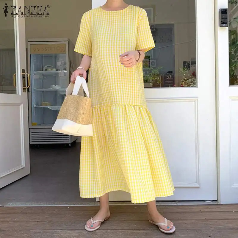 

ZANZEA Bohemian Casual Plaid Checked Short Sleeve Party Vestido Kaftan Robe Women Elegant Ruffles Hem Sundress Summer Long Dress