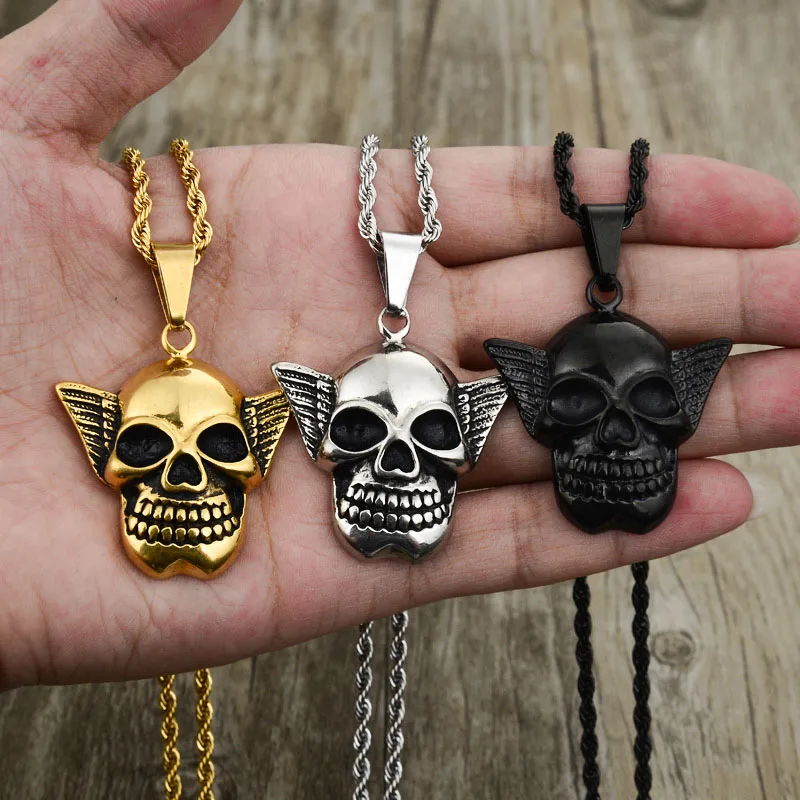 Valily Stainless Steel Skull Pendant For Man Punk Jewelry Angel Wings Necklace wholesale | Украшения и аксессуары
