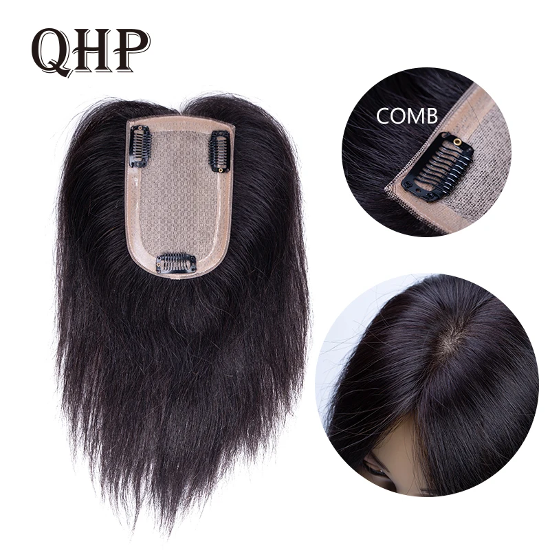 Human Hair Topper Wig For Women Straight Intermediate Silk Base With Clips In Hair Toupee Remy Hairpiece