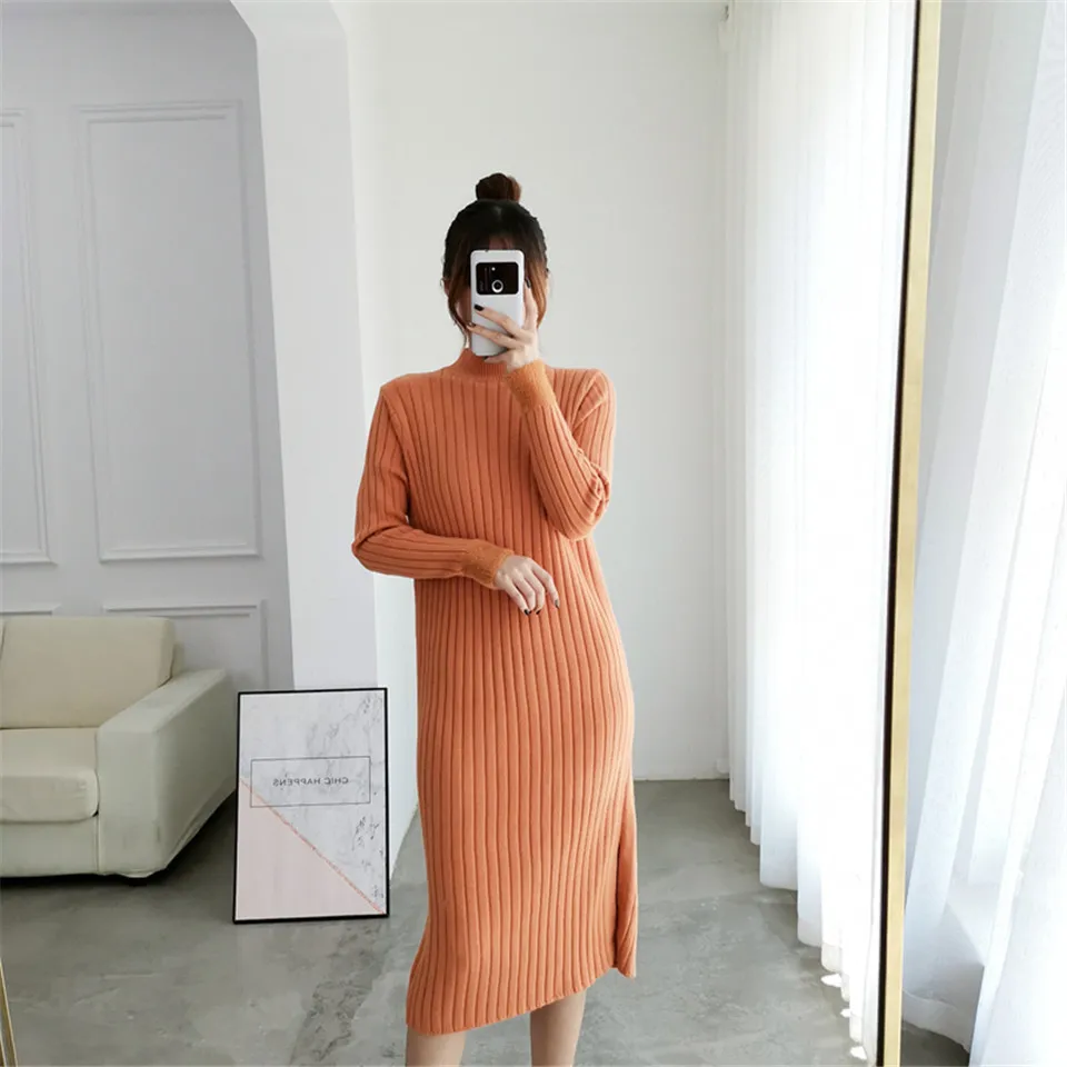 Раздельное однотонное платье с круглым вырезом и длинным рукавом Vestido, милое зимнее трикотажное платье, Осеннее женское элегантное платье, новинка года, модное тонкое мягкое женское платье