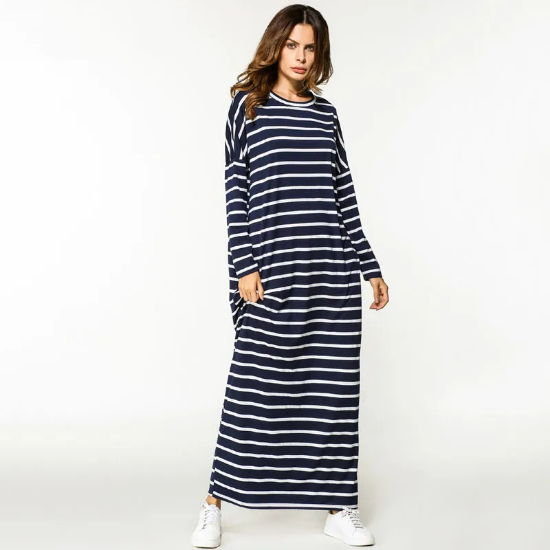 Женское платье макси в полоску с длинным рукавом повседневное мусульманское