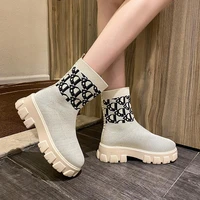 women sock shoes knitted slip on autumn short boots fashion comfort thick platform ladies shoe female footwear 2021 ankle boots