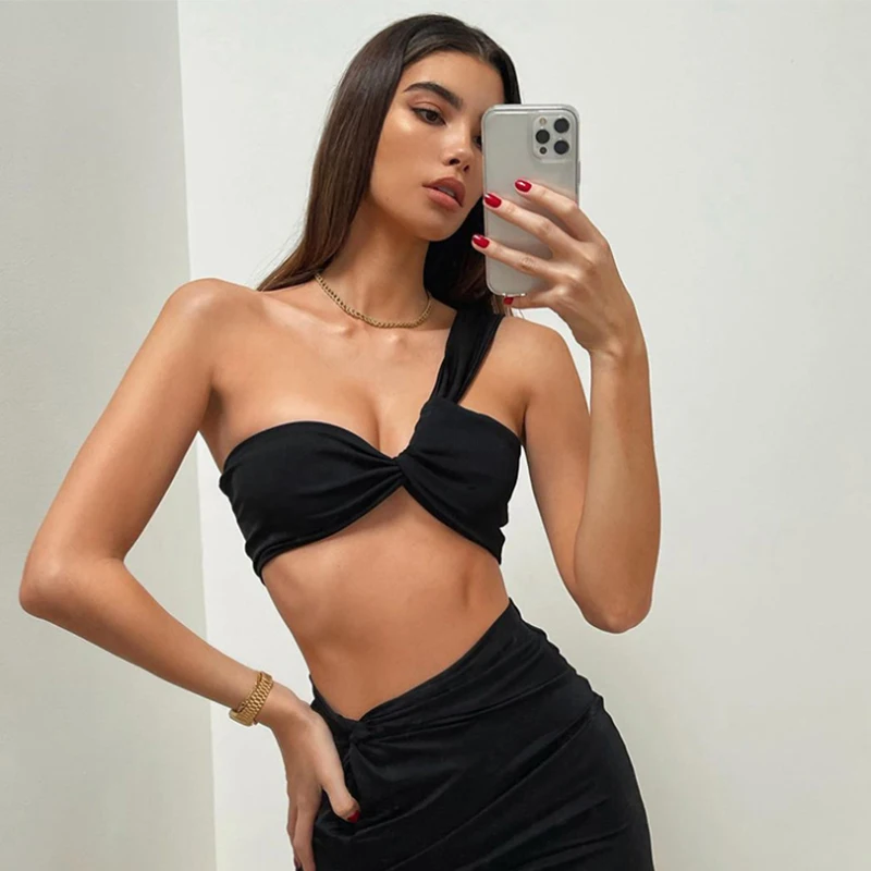 

Faldas conjuntos skirt suits moda saias longas vacation outfits summer solid color one-shoulder umbilical halter top skirt suit