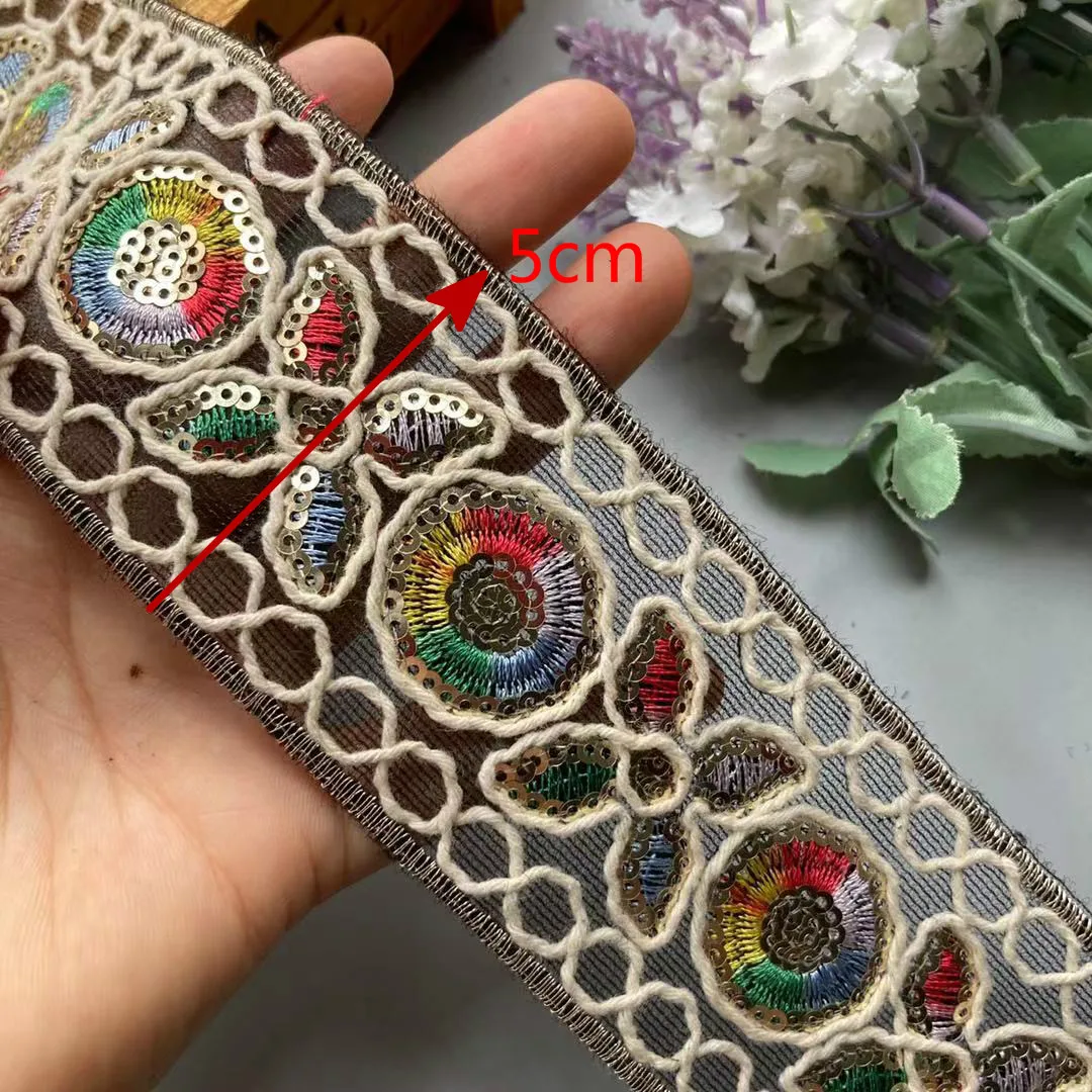 

1 Yards Multicolor 50mm Ethnic Gold Thread Sequins Webbing Ribbon Tape Shoes Dress Embroidered Lace Trims DIY Sewing Accessorie