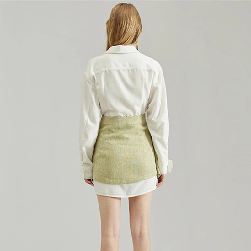 

GALCAUR Patchwork Minimalist Two Piece Sets For Women Lapel Long Sleeve High Waist Pocket Side Split Casual Sets Female 2020 New