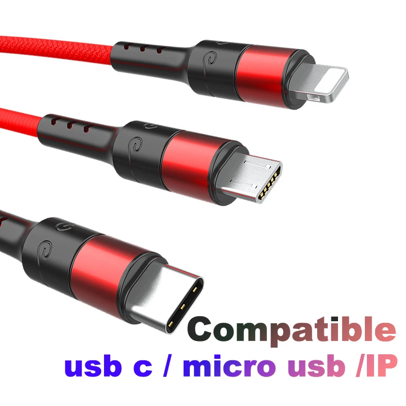 

3in1 Data USB Cable for iPhone Fast Charger Charging Cable For Android phone type c xiaomi huawei Samsung Charger Wire For iPad