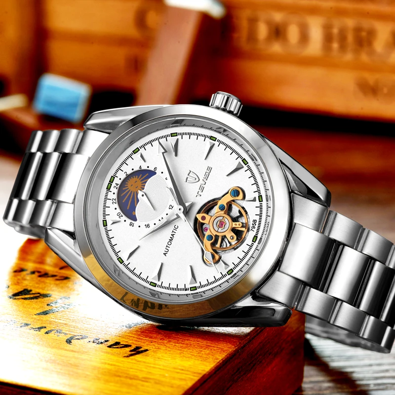 TEVISE Мужские механические часы Moon Phase автоматические из нержавеющей стали мужские