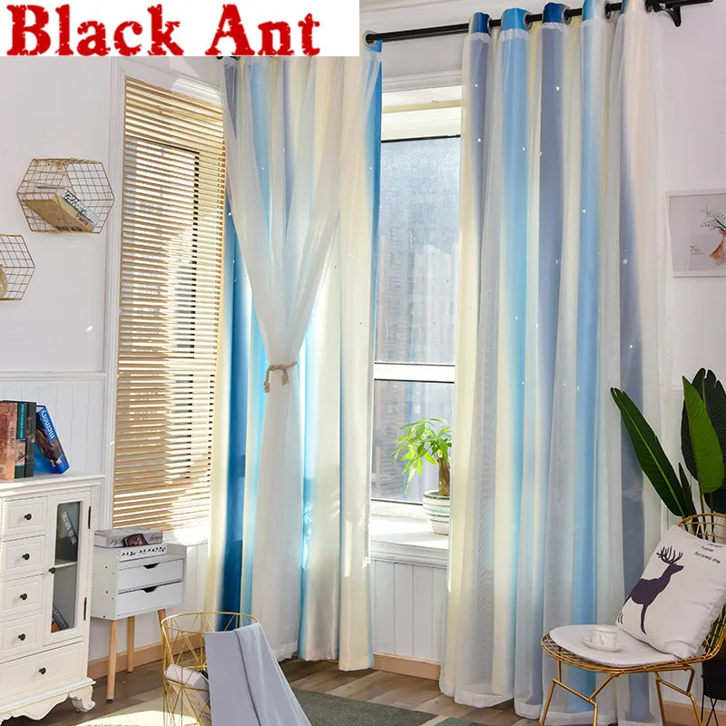 Занавески с градиентными полыми звездами для детской комнаты полосатые синие