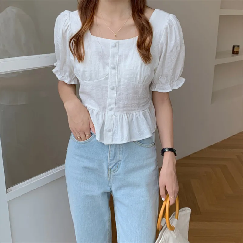 Hzirip Summer Solid Color Square Collar Gentle Design French Style 2021 Puff Sleeve Vintage Elegant Sweet Chic Fashion Shirt