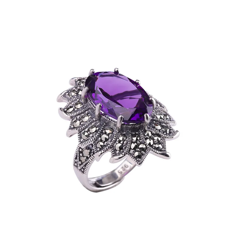 

Classic Thai Silver Hand Jewelry 925 Sterling Silver Ornament Open Women's Amethyst Ring