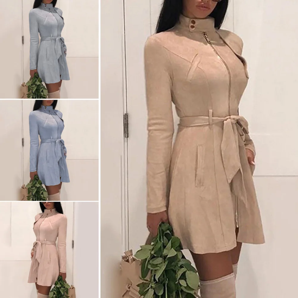 

2020 Chic Women Autumn Long Sleeve Stand Collar Zipper Slim Waist Belt Dress Coat Sexy Women Dress